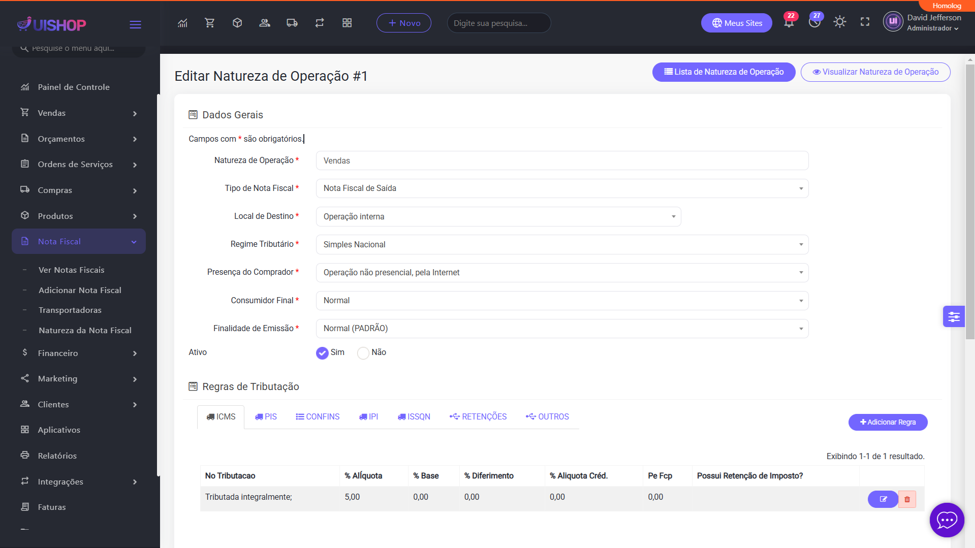 Natureza da Operação