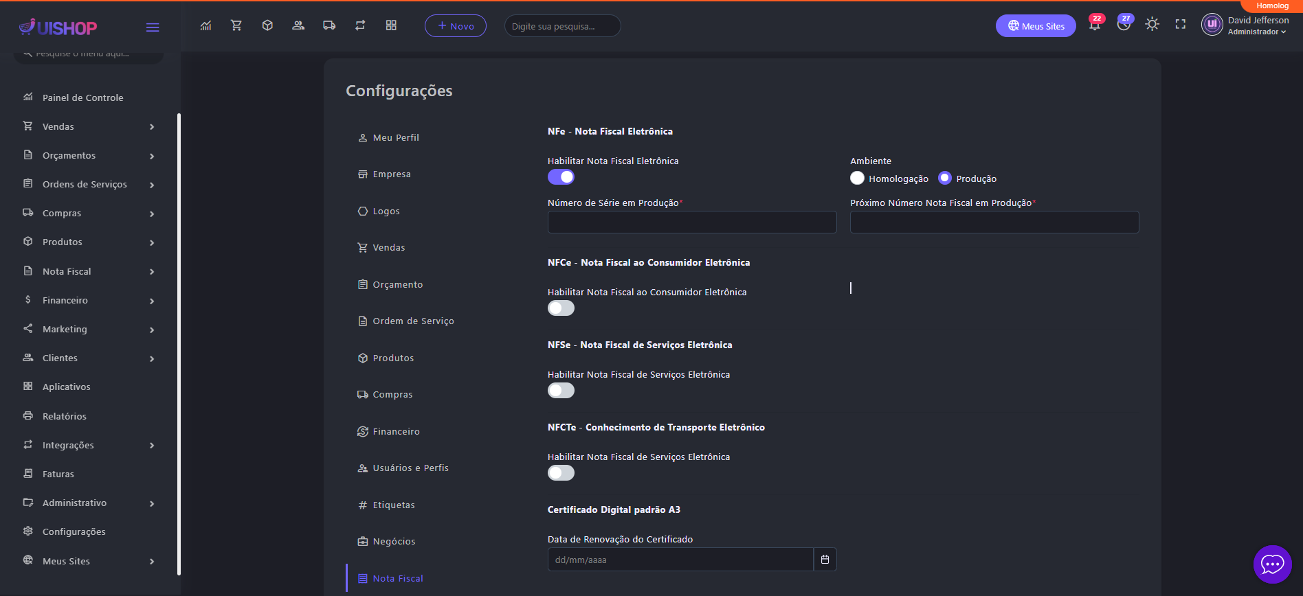 Configuração da Nota Fiscal